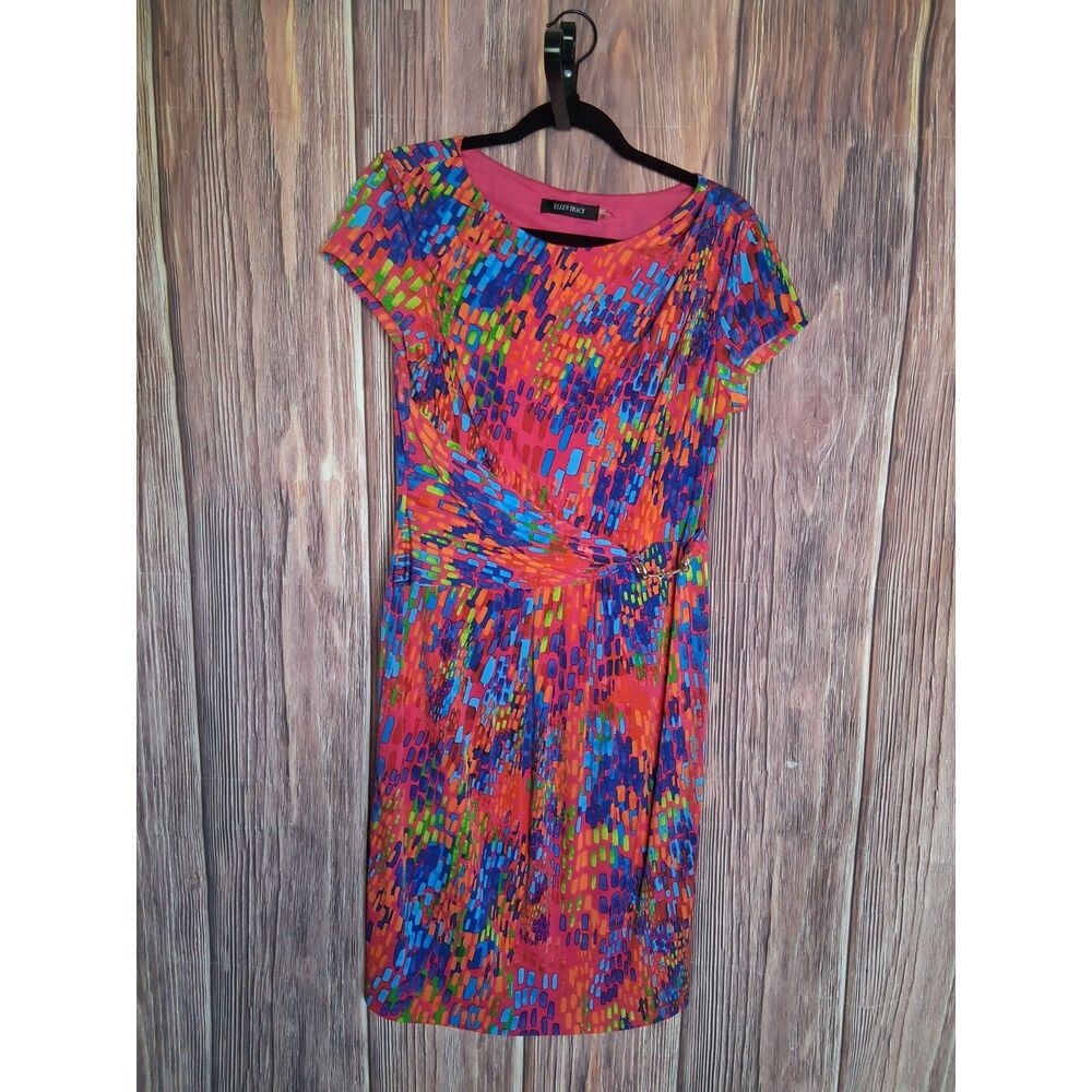Ellen tracy abstract mosaic sheath dress size 10 colorful summer party artsy
